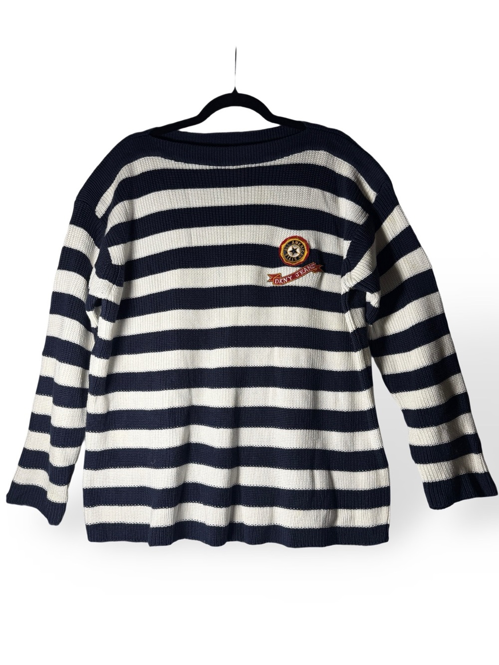 DKNY Navy and White Striped Crewneck Sweater